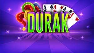 大膽的綠色「DURAK」文字，搭配四張Ace和籌碼，置於發光的紫色背景上。