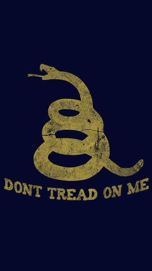 盤繞的響尾蛇，深藍色背景上金色「Don't Tread On Me」文字。