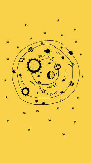 手繪太陽系，行星和恆星圍繞太陽運行，文字說你並非浪費空間。 — 黃色美學 壁紙