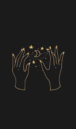 兩隻金色輪廓的手在黑色上捧著一彎新月和星星。