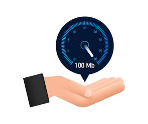手拿著一個顯示 100 Mb 下載速度的數位速度計。