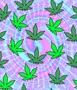 綠色大麻葉在旋轉的粉紅色和藍色霓虹背景上。 — 圖案 壁紙