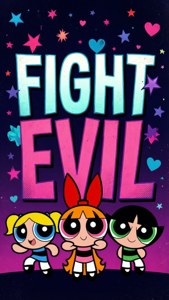 三個大眼睛的卡通女孩站在「FIGHT EVIL」文字下方，背景是滿天星斗的夜空，點綴著心形和星星。