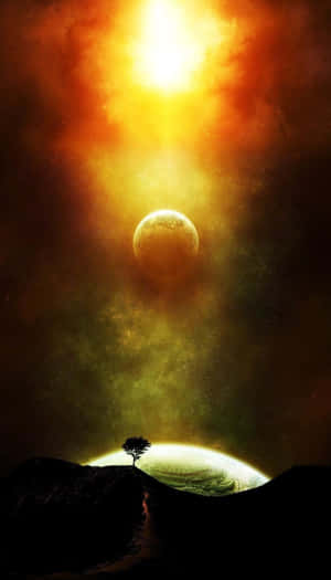 山丘上的一棵孤獨的樹，下方是發光的太陽和漂浮的行星。