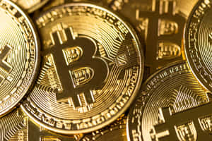一堆帶有電路圖案的光澤金色比特幣加密貨幣硬幣。 — 比特幣 壁紙