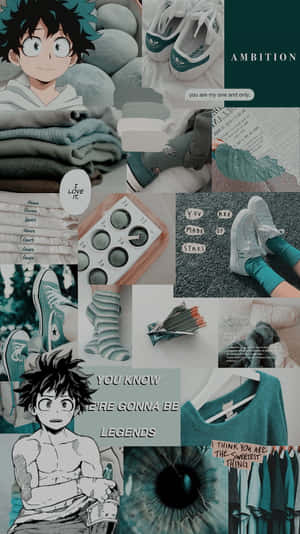 青綠色和灰色的動漫拼貼畫，包含 My Hero Academia 角色、運動鞋和勵志名言。 — iPhone 8 壁紙