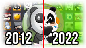 卡通熊貓吉祥物手持遊戲控制器，分為2012年和2022年的遊戲圖標。