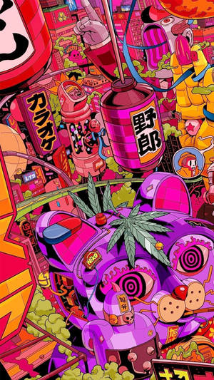充滿活力的動漫城市景觀，配有超大的汽水罐和卡通人物。