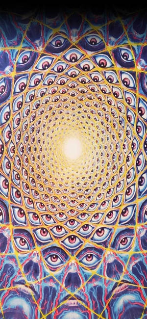 一個迷幻的抽象圖案，由藍色和黃色的螺旋眼睛組成。