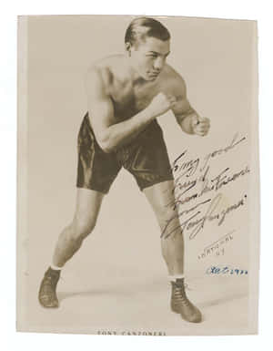 簽名復古照片，拳擊手Tony Canzoneri以拳擊姿勢拍攝，攝於1934年。