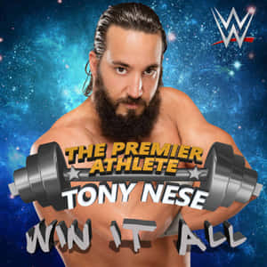 WWE摔角手Tony Nese握著槓鈴，背景為宇宙和文字。
