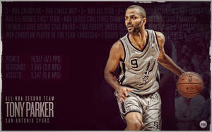 Tony Parker 身穿聖安東尼奧馬刺球衣運球，並顯示職業生涯統計數據和獎項。 — 1920x1200 壁紙