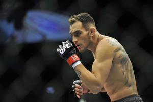 比賽中八角籠內戴著UFC手套的MMA選手