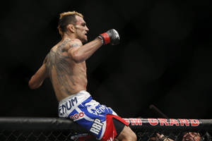 MMA拳手在八角籠內揮拳。