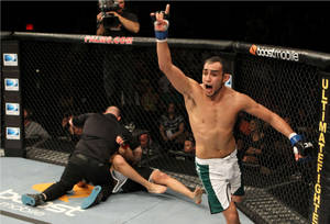 MMA選手在裁判終止比賽後於八角籠中慶祝勝利。