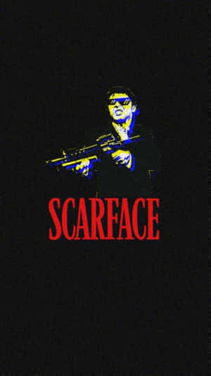 Scarface 電影海報， featuring 一個戴太陽眼鏡的男人拿著步槍。