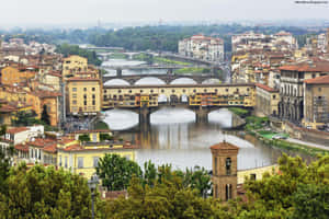 意大利佛羅倫斯的老橋（Ponte Vecchio）橫跨阿諾河，周圍有歷史建築和樹木。 — 城市景觀 壁紙