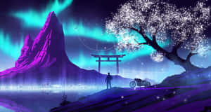 發光櫻花樹下騎士和電單車的剪影，配以北極光和山脈。