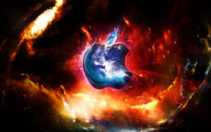 Apple標誌漂浮在熾熱的宇宙星雲中，伴隨著旋轉的紅色和橙色雲層。