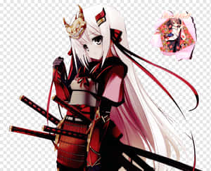 動漫戰士少女身穿紅色武士裝備，手持三把劍，內嵌花卉肖像。