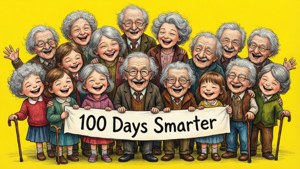 一群微笑的長者和兒童手持寫有「100 Days Smarter」的橫幅。