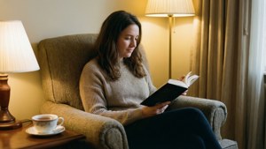 女士在舒適的扶手椅上看書，旁邊有茶和溫暖的燈。 — 放鬆 壁紙