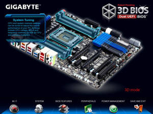 3D渲染的Gigabyte主機板，配備系統調校介面和雙UEFI BIOS功能。