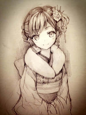 身穿和服、頭戴花卉髮飾的動漫女孩，溫柔地微笑。 — 繪畫 壁紙