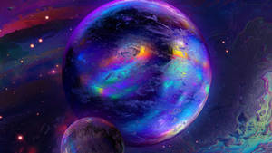 一顆發光的紫色行星，在繁星點點的星雲中帶有旋轉的極光。 — 行星 壁紙