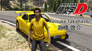 來自《頭文字D》動畫的黃色跑車和司機在山路上。