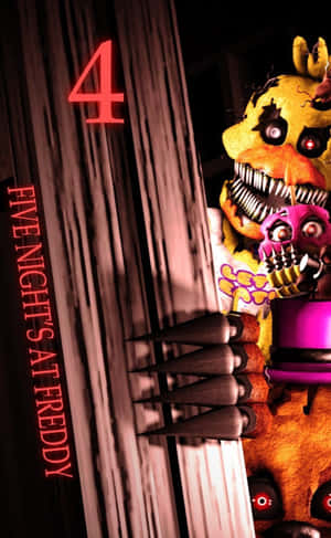 帶有鋒利牙齒和發光眼睛的Freddy Fazbear機械人偶從門後窺視。