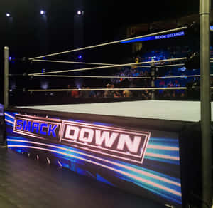 WWE SmackDown摔角擂台，帶有發光標誌和競技場人群。 — 摔角 GIF 壁紙