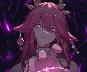 紫髮有角的動漫女孩在黑暗魔法場景中指向前方。