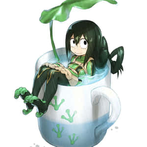 動漫女孩青蛙腿在充滿雨水的杯子裡放鬆，有青蛙腳印。