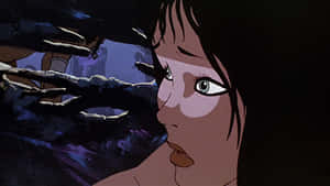 動漫女孩大眼睛在夜間透過黑暗樹枝觀看。