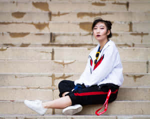 街頭風格的年輕女性坐在石階上，戴著太陽眼鏡和Supreme掛繩。