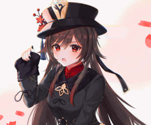 動漫女孩戴黑色帽著黑色衫，紅眼睛同花朵