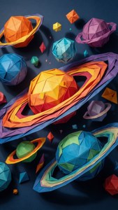 帶有環圈的彩色摺紙行星漂浮在太空中