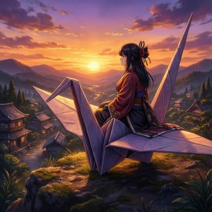 穿著傳統長袍的女孩坐在紙鶴上，俯瞰日落時分的山村。