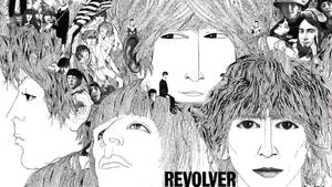 超現實的黑白插圖，描繪面孔和人物，帶有文字「REVOLVER」。