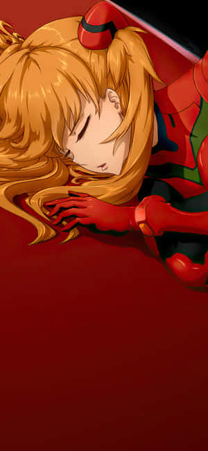 金髮動漫少女穿著紅色衣服在紅色背景前睡覺