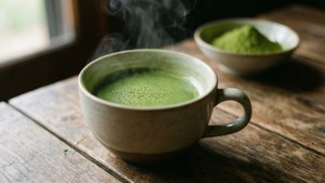 冒熱氣的抹茶杯旁有粉末碗在窗邊木桌上 — 1280x720 壁紙