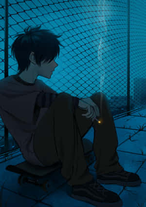 動漫男孩坐在滑板上靠著圍欄拿著香煙夜晚