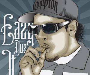 戴著Compton帽和太陽眼鏡的男子在華麗文字背景上抽煙。