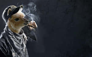 戴著帽子和圍巾的羊駝在裂開的牆前抽煙。 — 動物 壁紙