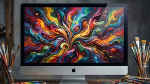 一部展示色彩繽紛抽象藝術的 iMac。 — Mac GIF 壁紙
