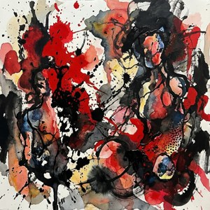 白色背景上帶有紅色、黑色和黃色水彩潑濺和滴落的動態抽象畫