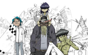 Gorillaz 樂隊成員在一個手繪的城市景觀中，有風車和傾斜的建築物。