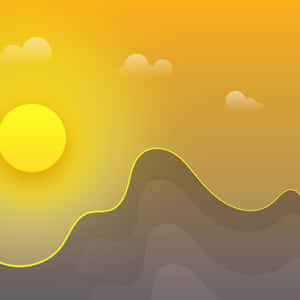 極簡數位日落，黃色太陽和波浪地形。