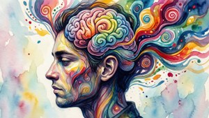 一個人的側面，帶有彩色大腦和漩渦迷幻圖案。